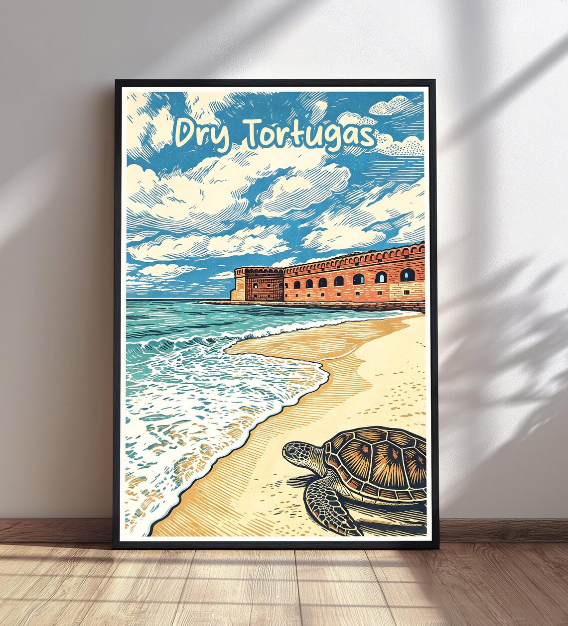 Dry Tortugas Florida Vintage Travel Poster with Sea Turtle Art