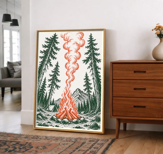 Camping Art Print Campfire Wall Decor Woodland Tent Poster Mountain Pine Trees