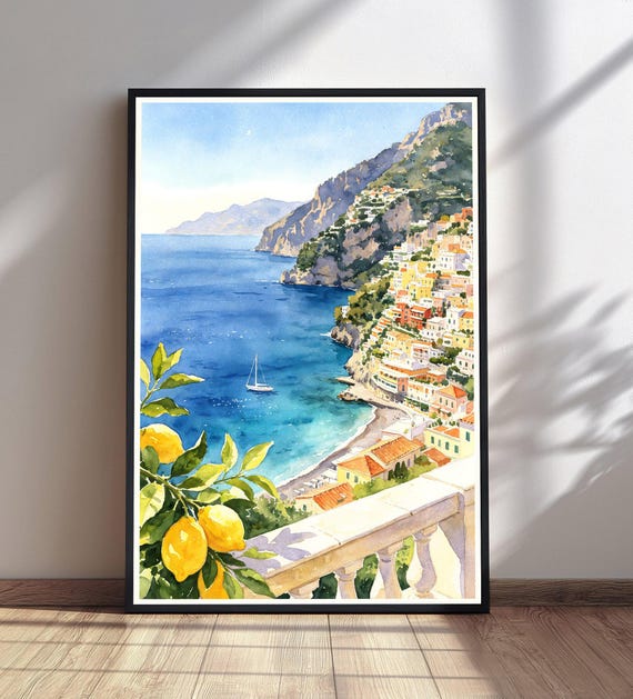 Amalfi Coast Print Positano Italy Watercolor Italian Landscape Art Lemon Branch Painting