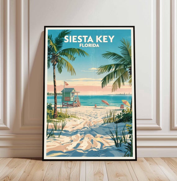 Siesta Key Florida Retro Travel Poster Mid Century Modern Wall Art Print Vintage Coastal Landscape Decor Tropical Home