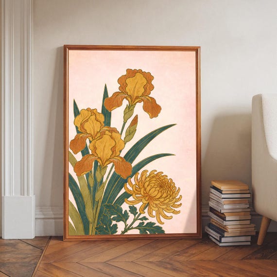 Yellow Iris Chrysanthemum Art Print Botanical Flower Wall Pink Floral Decor Nature Painting