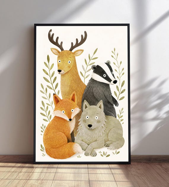 Woodland Animals Print Deer Badger Fox Wolf Art Forest Animal Wall Decor Nursery Illustration