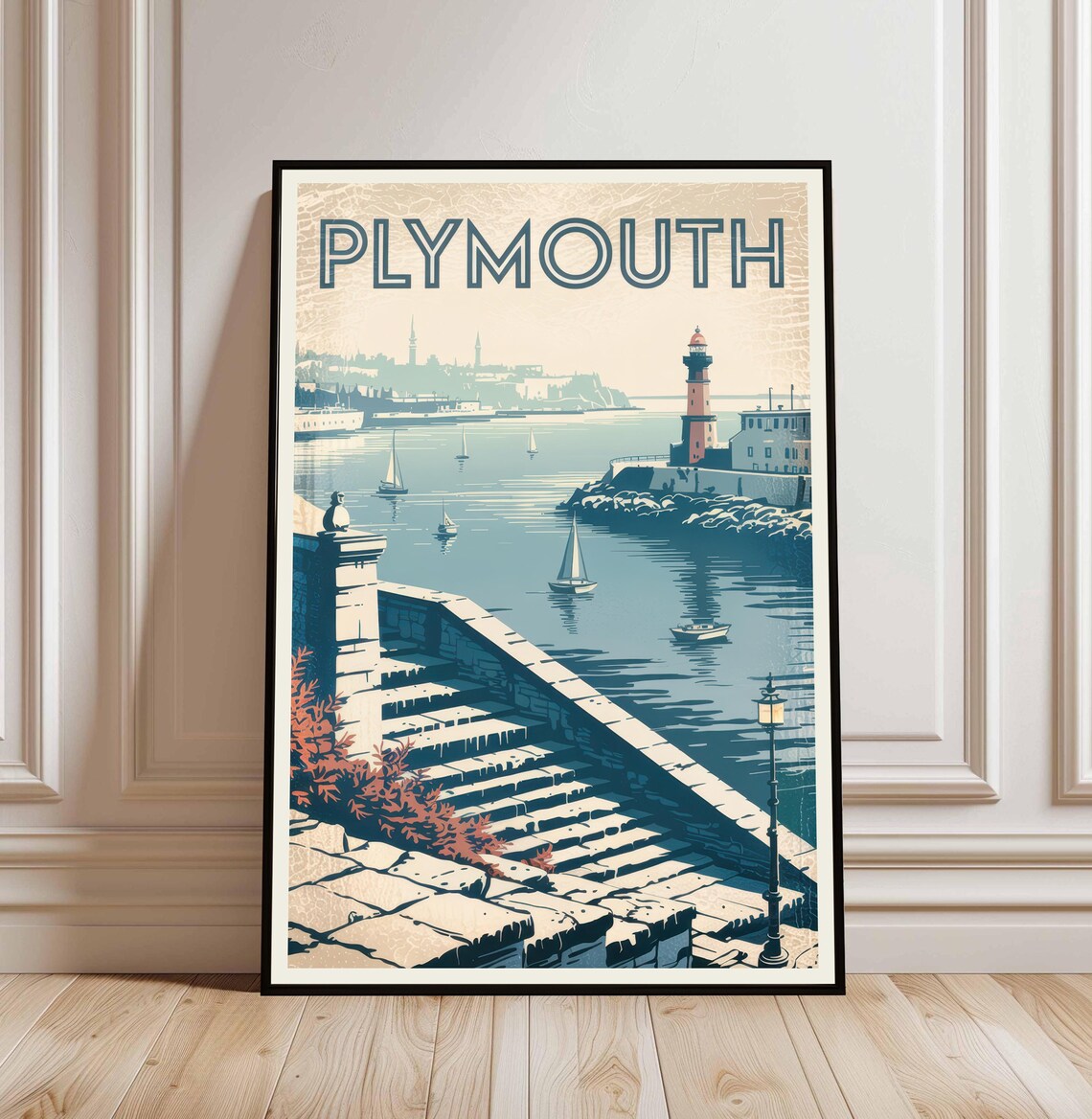 Plymouth England Vintage Harbor Lighthouse Sailing Travel Poster