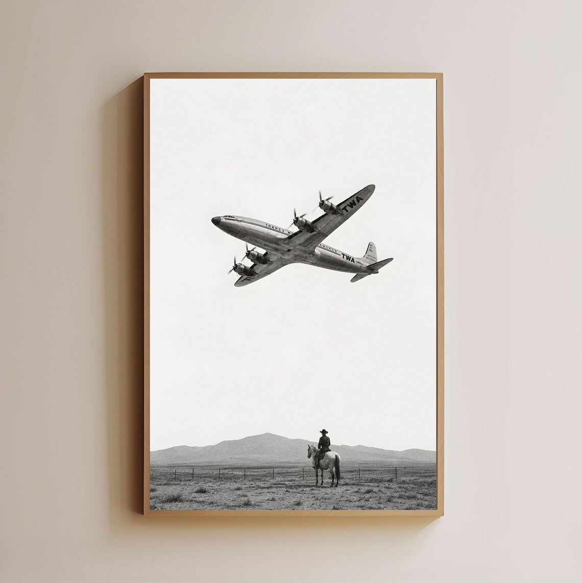 TWA Vintage Propeller Airplane Cowboy Horseback Western Black White Poster