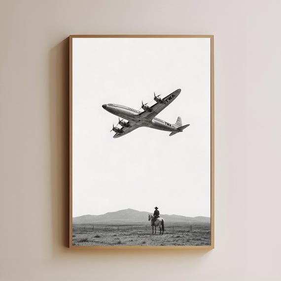 Vintage Propeller Airplane Print Cowboy On Horseback Wall Art Black And White Western Decor Mid Century Aviation Poster