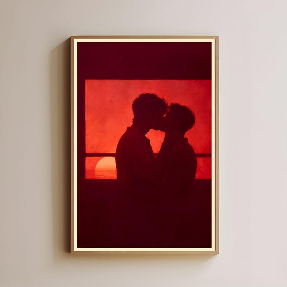 Gay Couple Kissing Print Romantic Sunset Wall Art Lgbtq Decor Love Wins Home