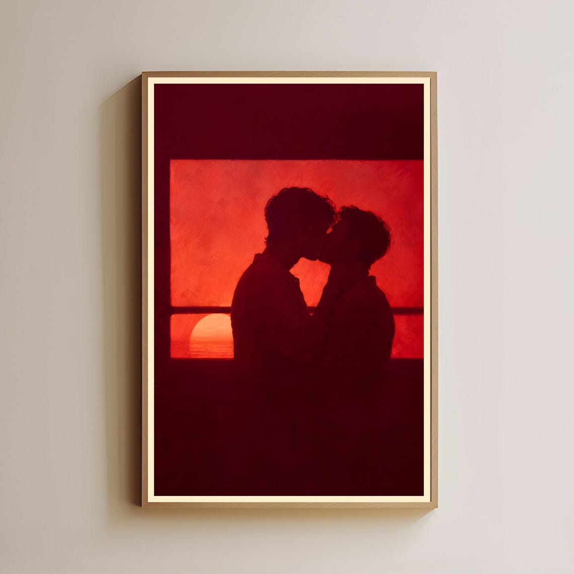 Gay Couple Kissing at Red Sunset Window Silhouette Romantic Poster