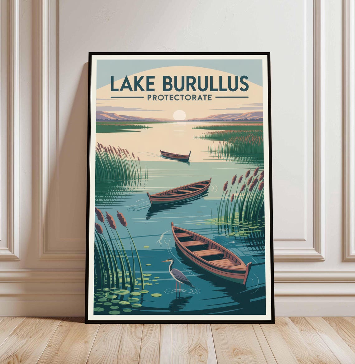 Lake Burullus Protectorate Boats And Heron Vintage Travel Poster