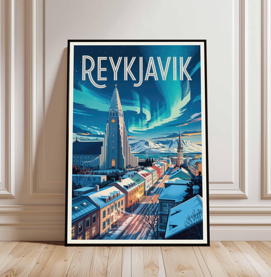 Reykjavik Iceland Vintage Travel Poster Northern Lights Church Art