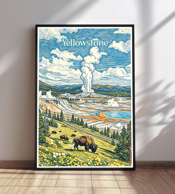 Yellowstone Woodcut Travel Poster Erupting Geyser Bison Wildlife Art