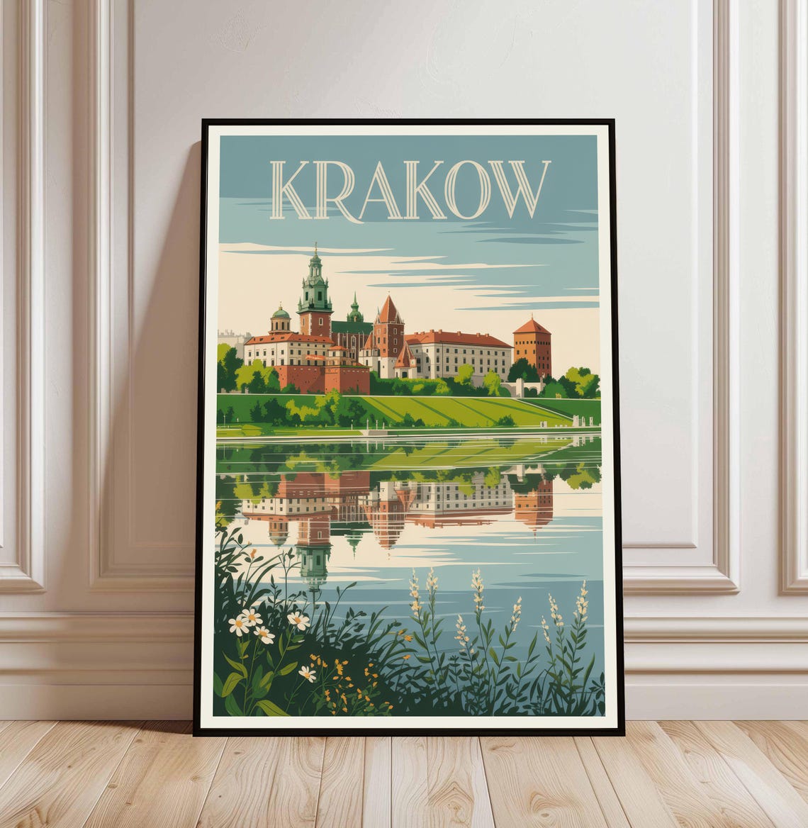 Krakow Poland Wawel Castle River Reflection Vintage Travel Poster