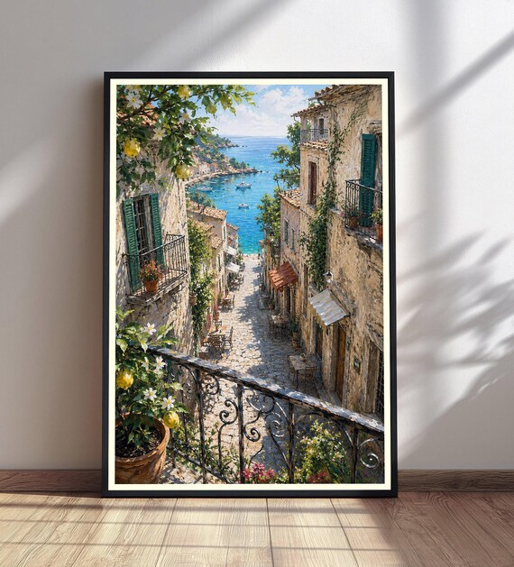 Mediterranean Coastal Town Art Print Lemon Balcony Sea View Decor