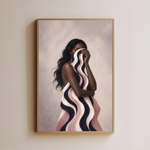 Abstract Woman Portrait Print Wavy Striped Fabric Wall Art Black White Pink Decor Modern