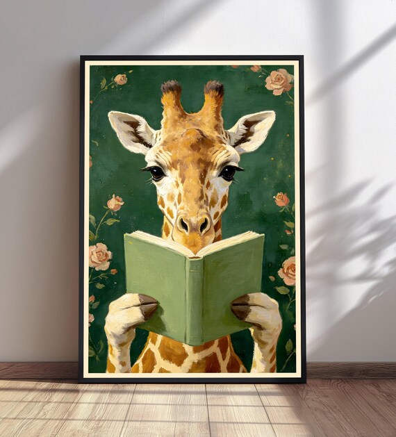 Giraffe Reading Book Print Whimsical Animal Wall Art Pink Roses Decor Dark Academia