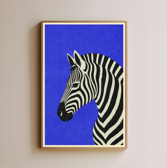 Zebra Head Wall Art Blue Background Print Safari Animal Decor Wildlife Poster