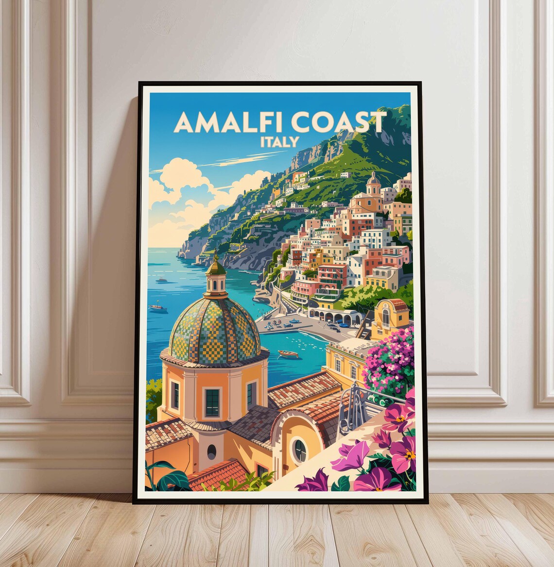 Amalfi Coast Italy Positano Cliffside Town Dome Church Travel Poster