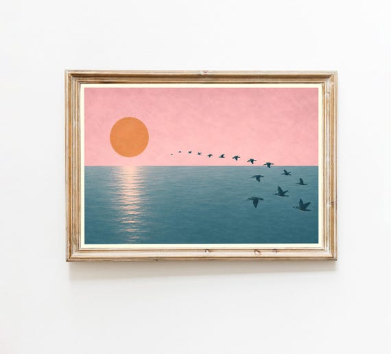 Minimalist Ocean Sunset Print Orange Sun Landscape Wall Art Pink Sky Beach Decor Coastal Nature Poster