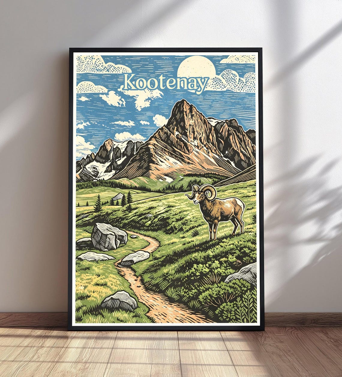 Kootenay Bighorn Sheep Mountain Peak Vintage Travel Style Poster