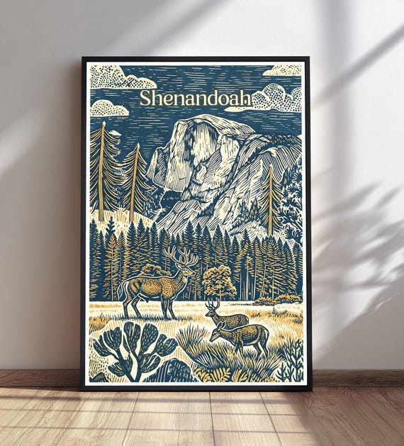 Shenandoah National Park Print Vintage Poster Mountain Landscape Wall Art Deer Forest Decor
