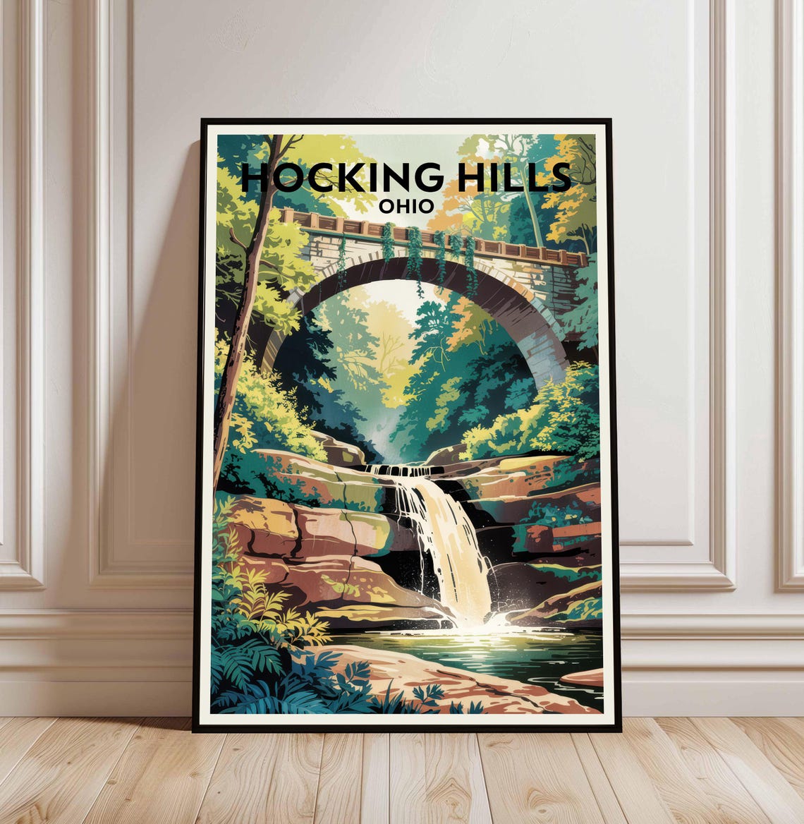 Hocking Hills Ohio Waterfall Stone Bridge Vintage Travel Style Poster