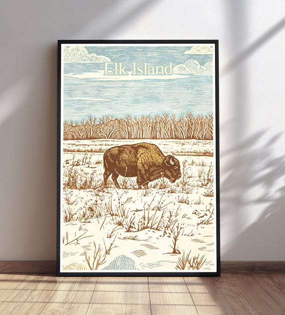 Elk Island National Park Print Bison Snowy Field Poster Vintage Travel Wall Art Nature Decor