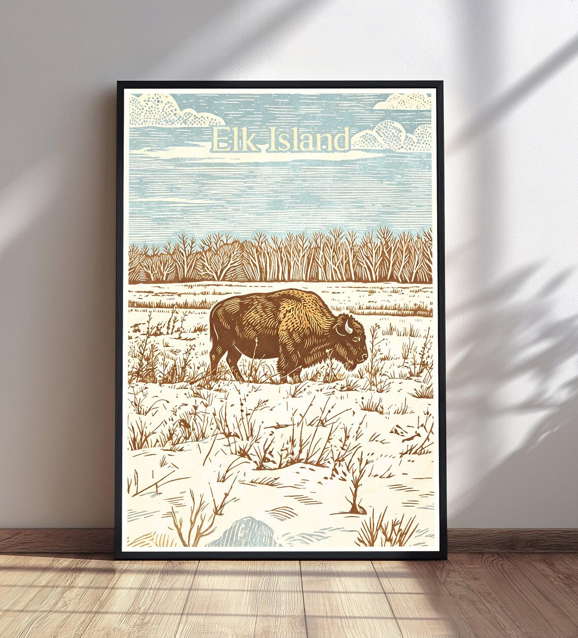 Elk Island Bison Prairie Vintage Woodcut Travel Style Poster