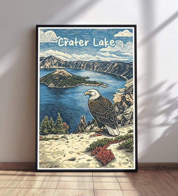 Crater Lake National Park Print Vintage Travel Poster Bald Eagle Wall Art Oregon Nature Decor