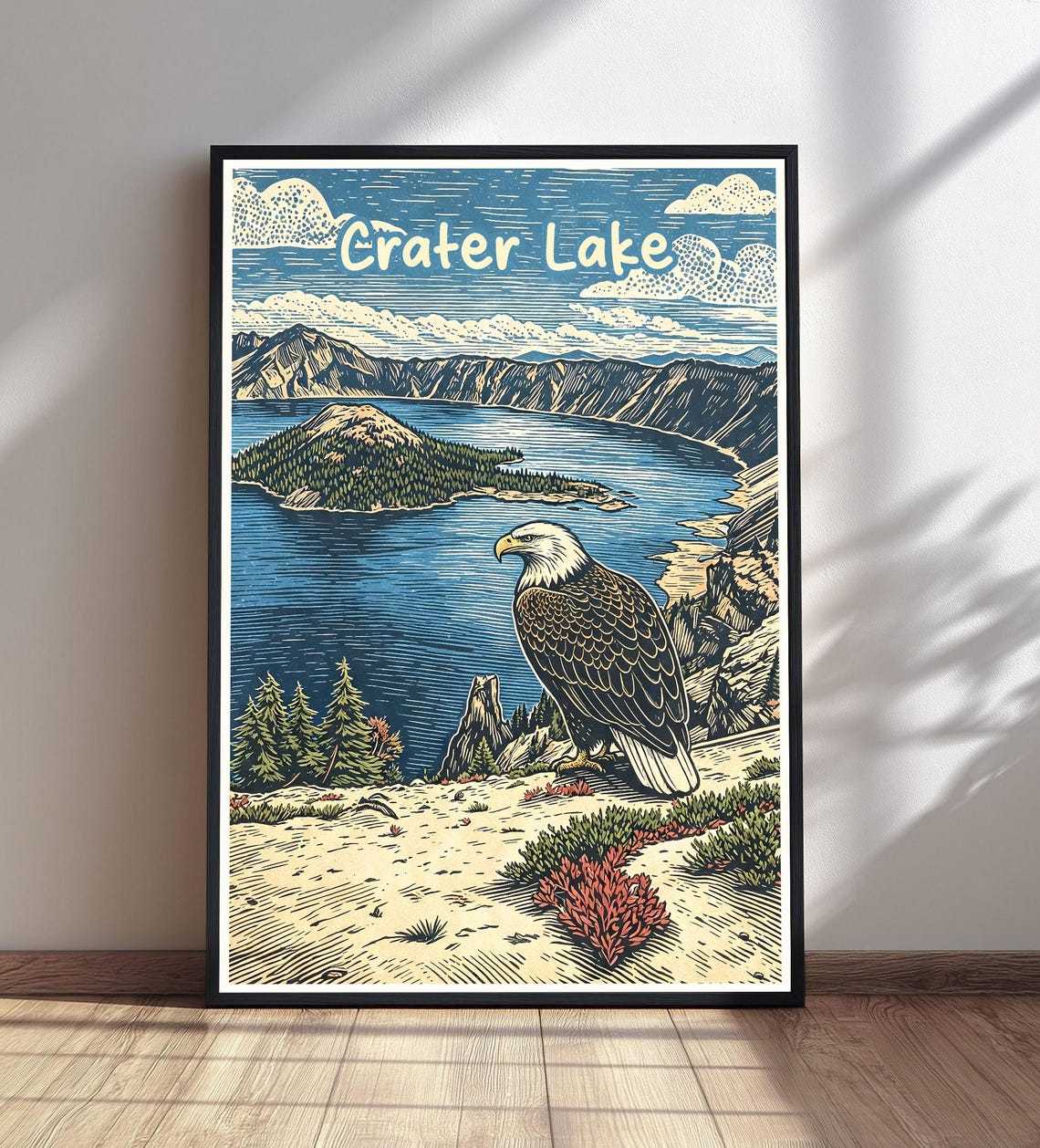Crater Lake National Park Vintage Travel Bald Eagle Woodcut Art Poster