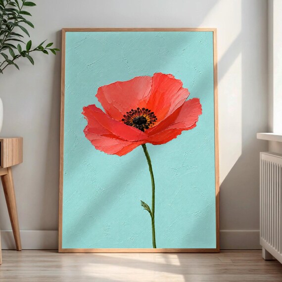 Red Poppy Flower Oil Painting Textured Turquoise Background Poster