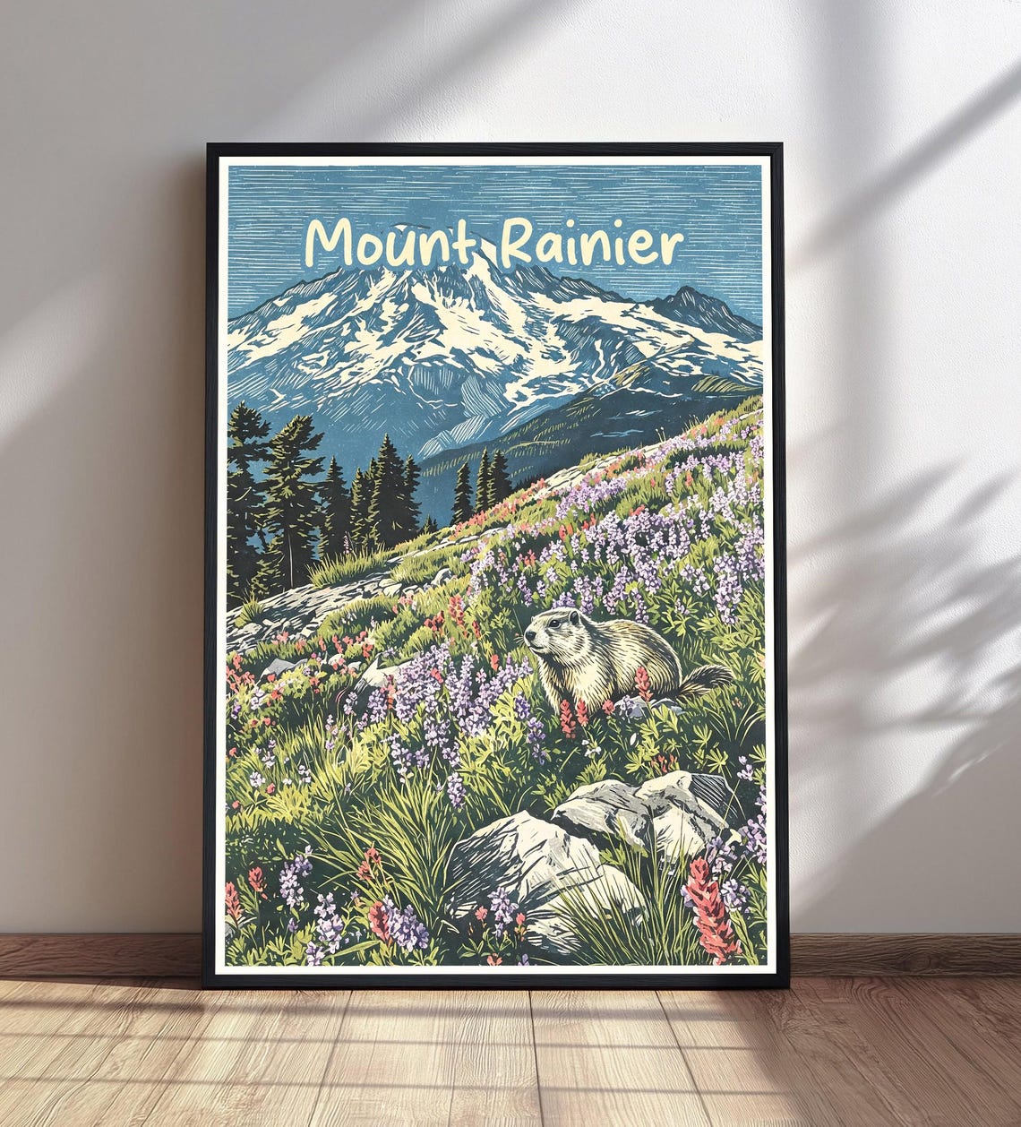 Mount Rainier Marmot Wildflowers Vintage National Park Poster