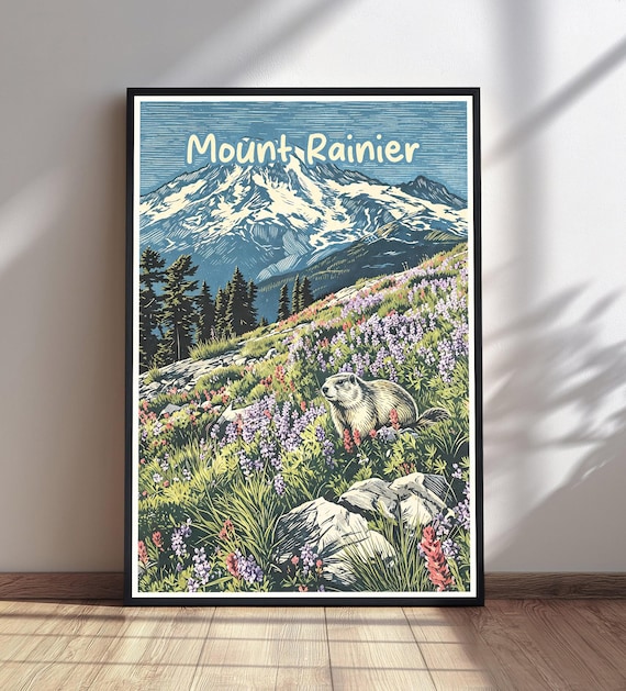 Mount Rainier Marmot Wildflowers Vintage National Park Poster