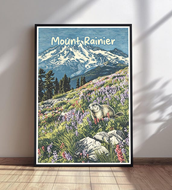 Mount Rainier National Park Print Vintage Travel Poster Wildflower Marmot Wall Art Washington State Decor