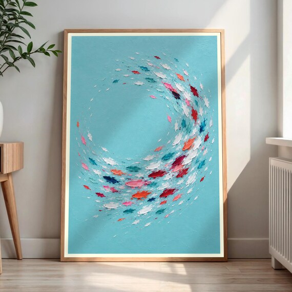 Colorful Swirling School of Fish Teal Abstract Ocean Art Poster