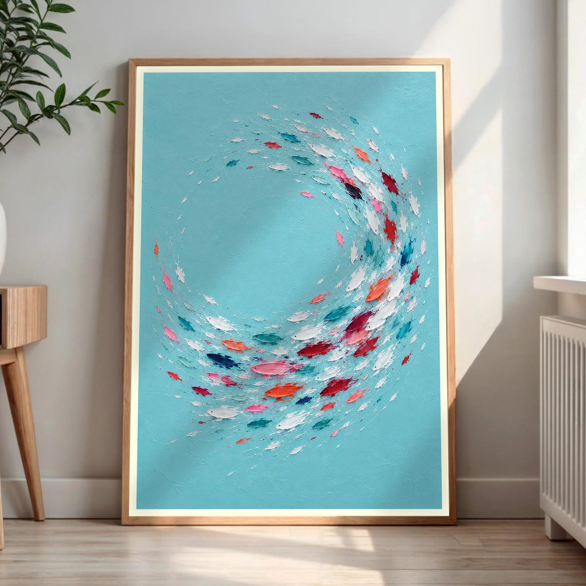 Colorful Swirling School of Fish Teal Abstract Ocean Art Poster