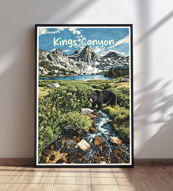 Kings Canyon National Park Poster Vintage Travel Print Bear Mountain Lake Art Nature Wall Decor