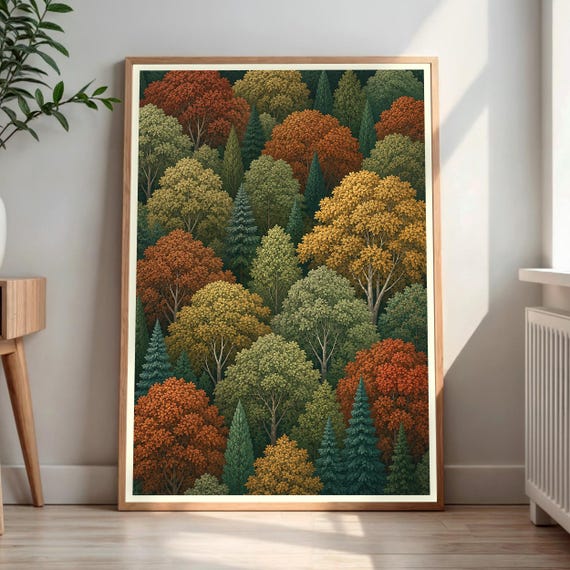 Dense Forest Wall Art Autumn Trees Landscape Print Fall Season Nature Decor Woodland Home Artwork
