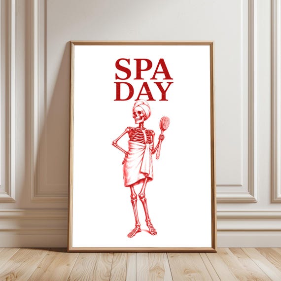 Spa Day Skeleton Wall Art Funny Bathroom Decor Red Print Humorous Bath