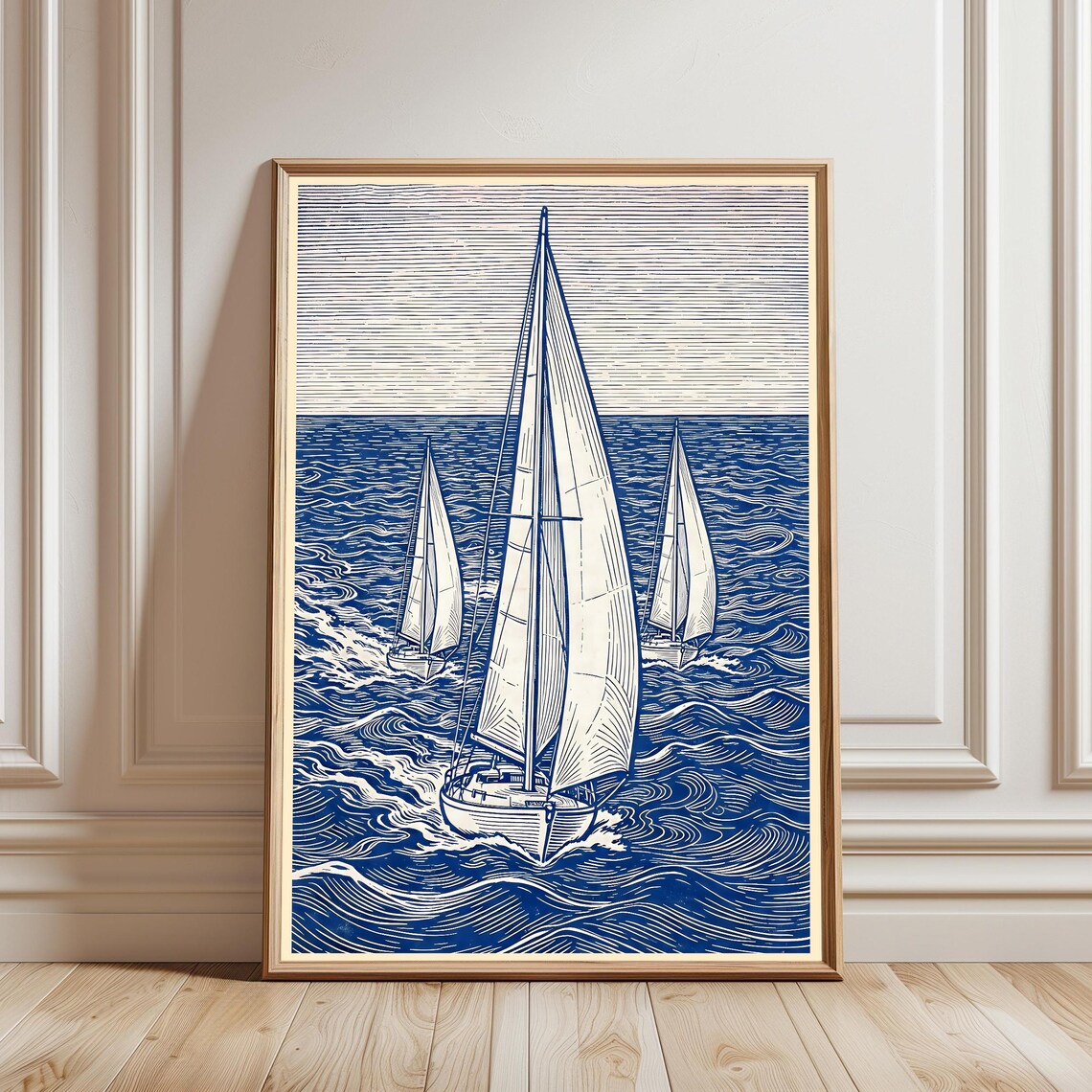 Blue Sailboats Ocean Woodcut Nautical Linocut Style Art Poster