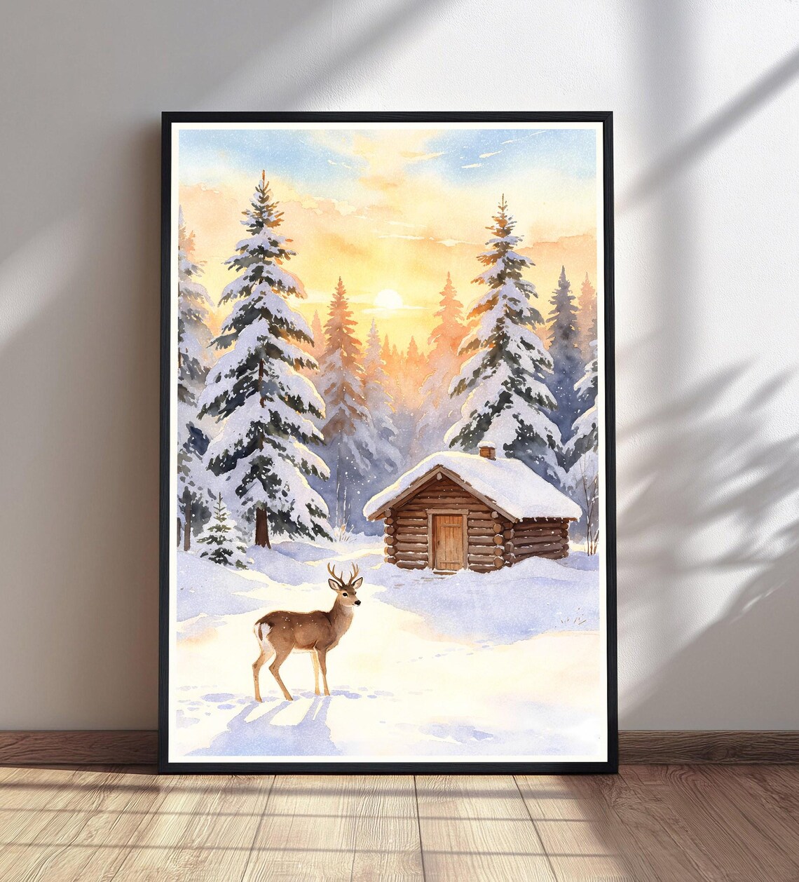 Winter Landscape Art Print, Snowy Cabin Deer