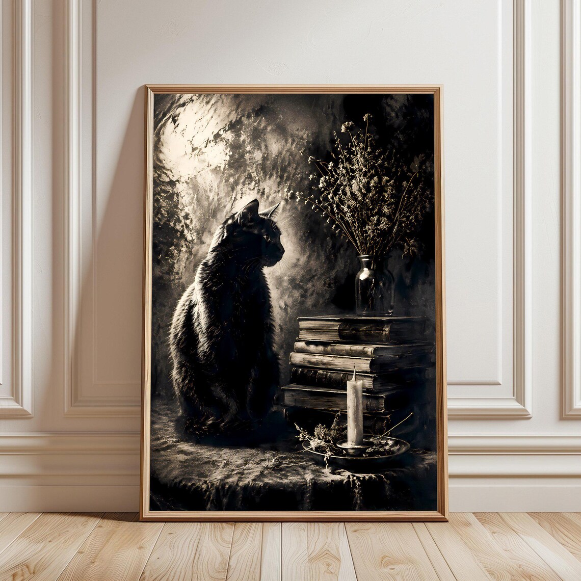 Gothic Black Cat Art Print, Dark Academia Decor