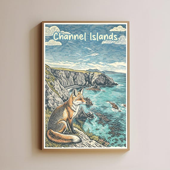 Channel Islands Print Vintage Fox Cliff Ocean Art Coastal Wall Decor Travel Poster