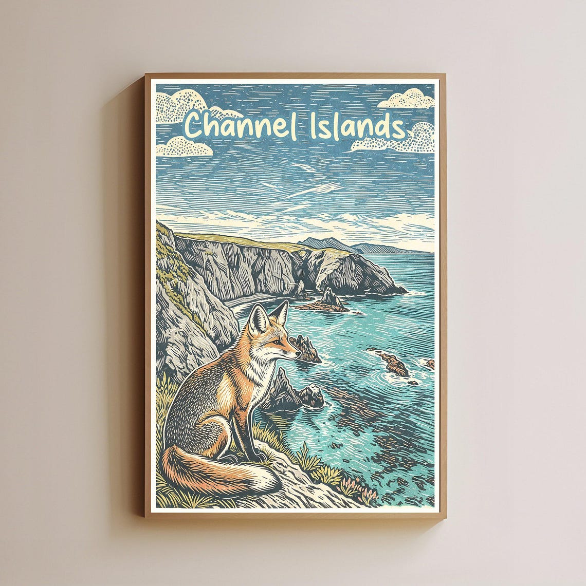 Channel Islands Fox Coastal Cliff Woodcut Travel Poster Ocean View Art