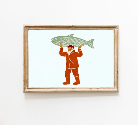 Fisherman Holding Fish Art Print Vintage Fishing Wall Cabin Decor Gift For