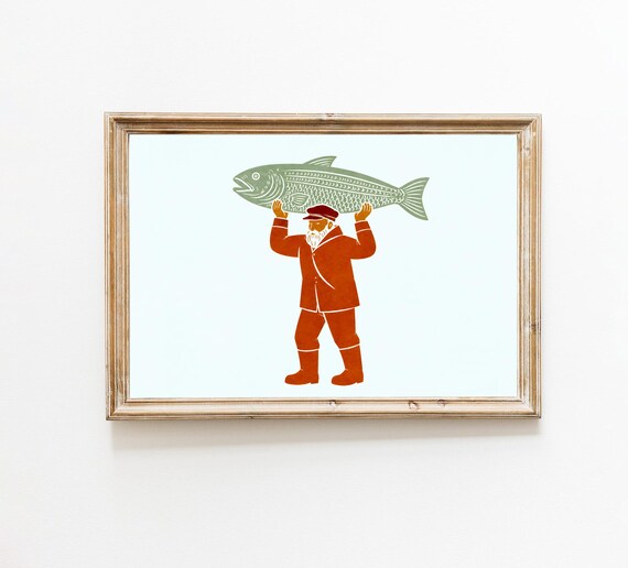 Fisherman Holding Giant Fish Vintage Linocut Style Cabin Wall Poster