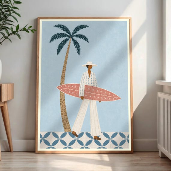 Coastal Surfer Woman Print Beach House Decor Stylish Ocean Wall Art Palm Tree Surfboard