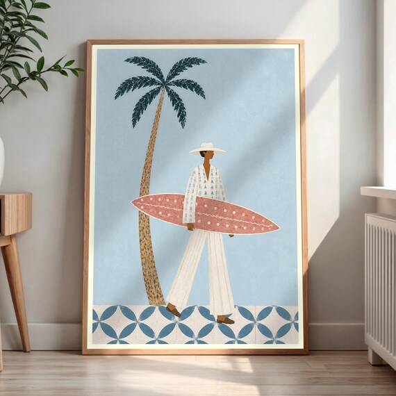 Coastal Surfer Woman With Pink Surfboard Palm Tree Beach House Art Poster