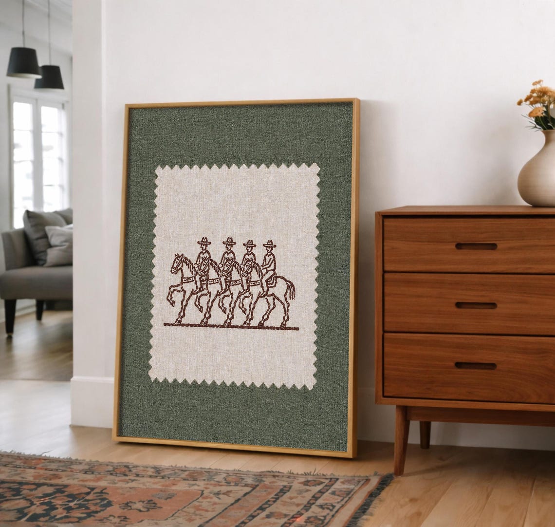 Four Horseback Riders Postage Stamp Equestrian Line Art Green Poster