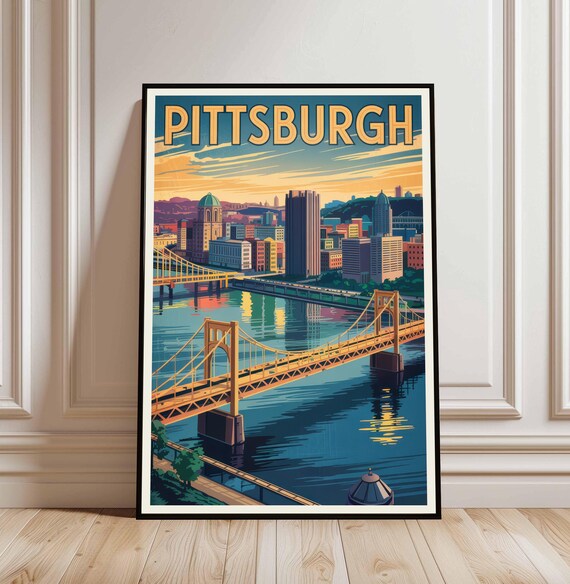 Pittsburgh Bridges Golden Skyline Pennsylvania Travel Poster