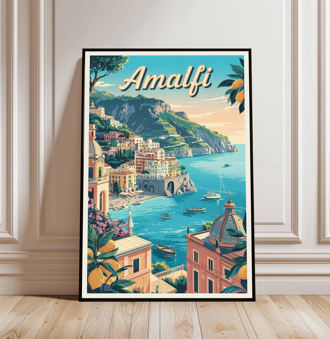Amalfi Coast Italy Vintage Travel Poster Seaside Village Lemons