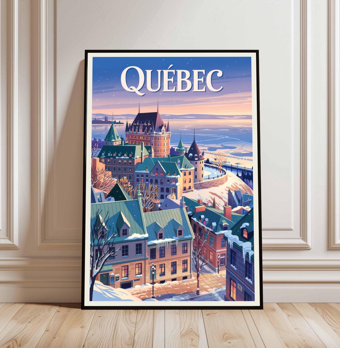 Quebec Canada Winter Snow Chateau Frontenac Vintage Travel Poster